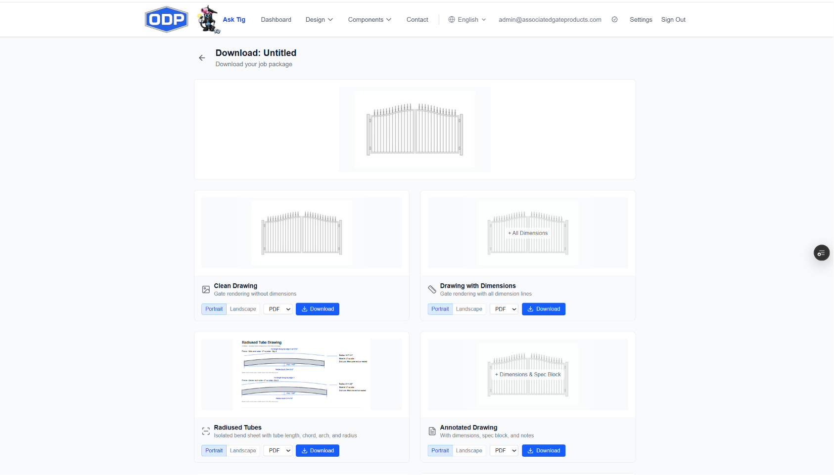 Download page — job package with clean drawing, dimensioned drawing, radiused tubes, and annotated drawing, each with orientation, format, and a download button