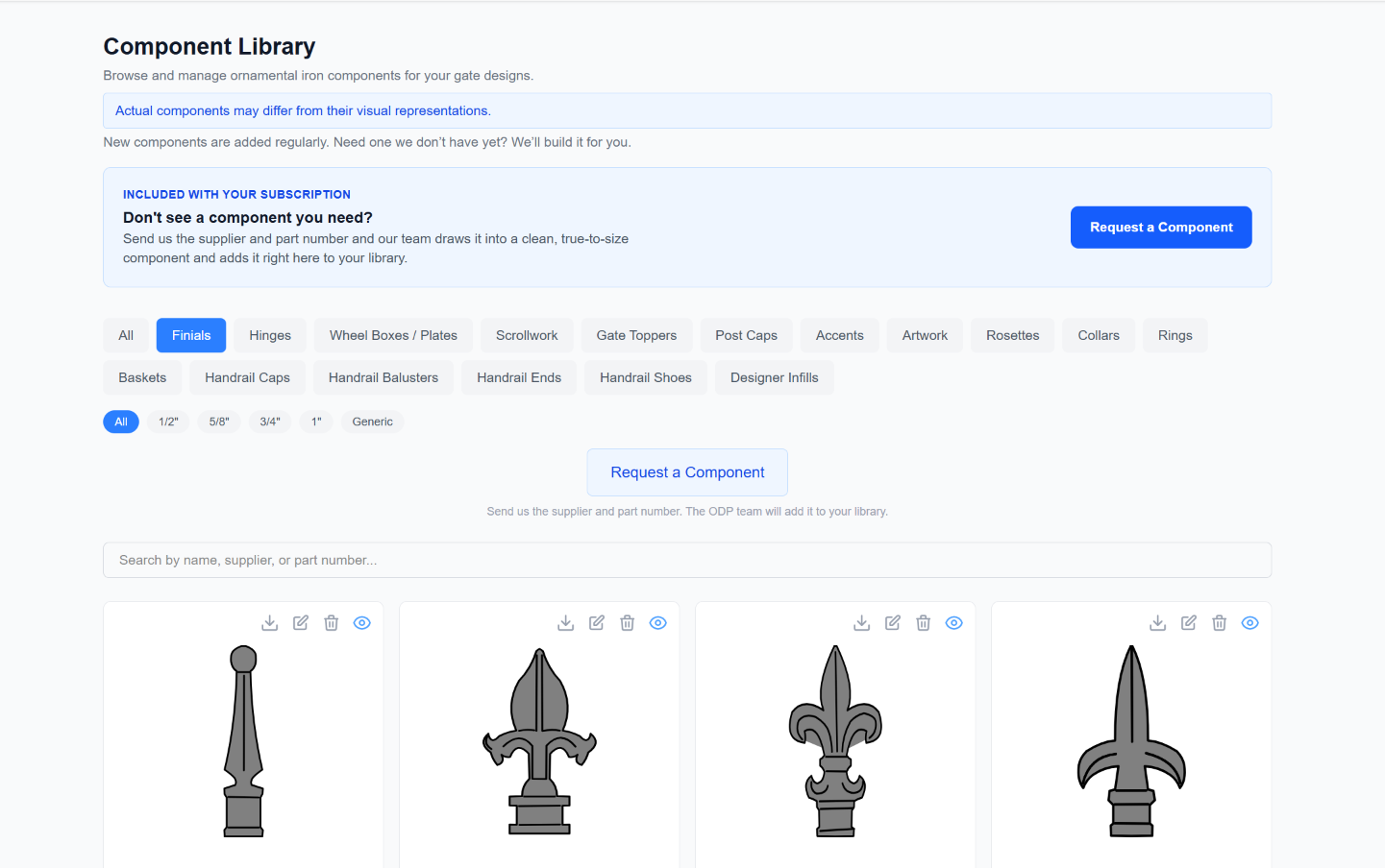 Component Library — finials filtered by size, with category tabs, search, and the Request a Component panel