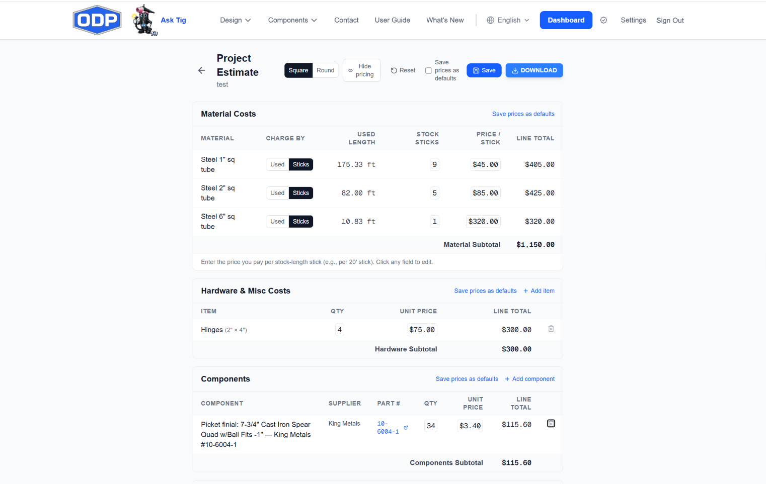 Project Estimate — material costs charged by stick with used length and price per stick, hardware and misc costs, and library components with supplier and part number