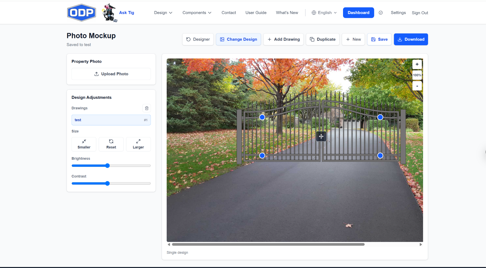 Photo Mockup — an arched double swing gate placed in a photo of a tree-lined driveway, with corner handles for perspective and brightness and contrast sliders