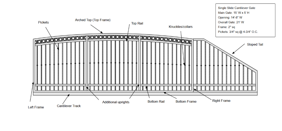 Labeled single slide cantilever gate with arched top, pickets, knuckles, sloped tail, cantilever track, frame, rails, and overall dimensions.